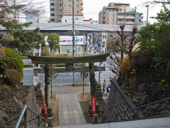 品川神社の階段で振り向く