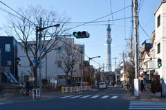 常光寺の門前からスカイツリーを望む